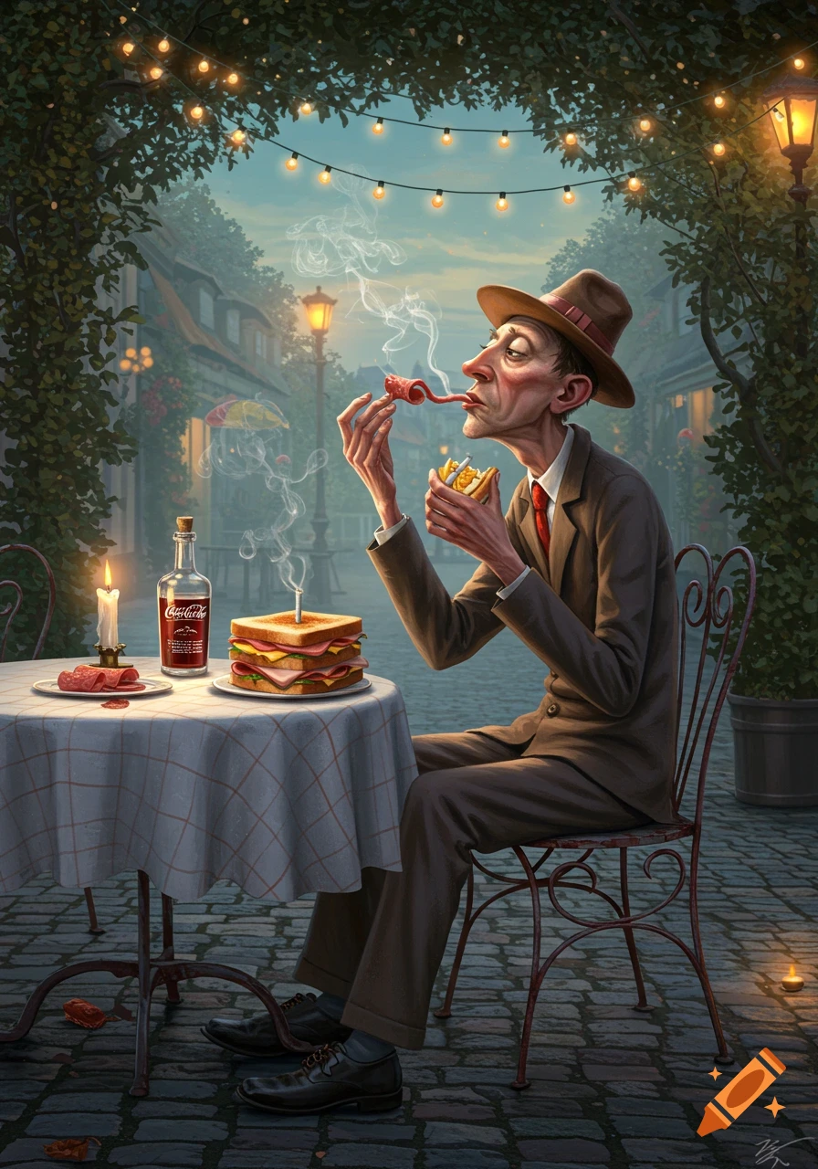 A gaunt, hat-wearing man at an outdoor cafe table, smoking lunch meat and eating a cigarette sandwich, in a whimsical, detailed illustration.