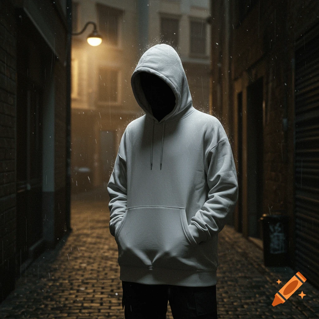 A person in a light grey hoodie with a blacked-out face stands in a dimly lit, rainy alley, hands in pockets.
