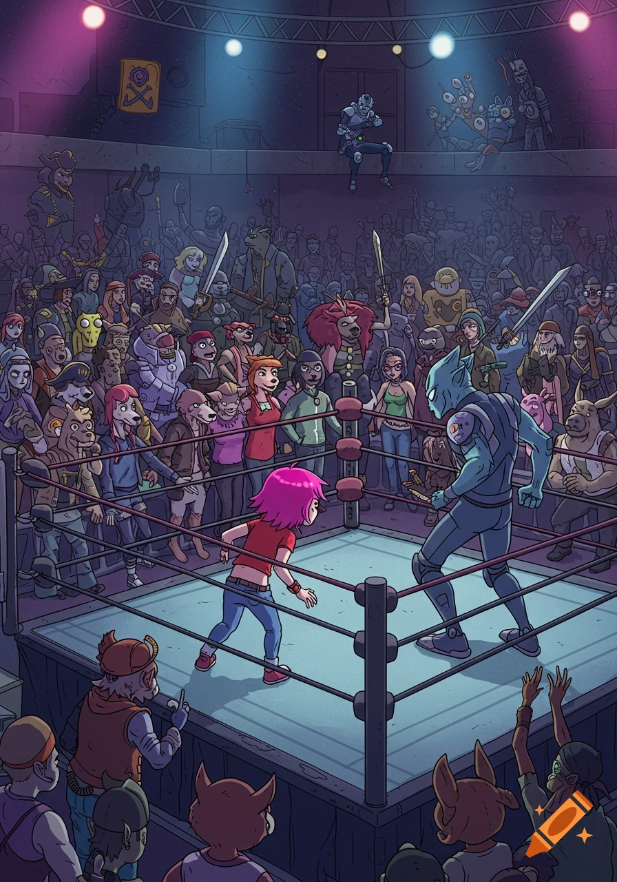 A cartoon illustration of a wrestling match in a crowded arena, with a pink-haired girl facing off against a blue alien. The audience is a diverse mix of humans, monsters, and anthropomorphic creatures.