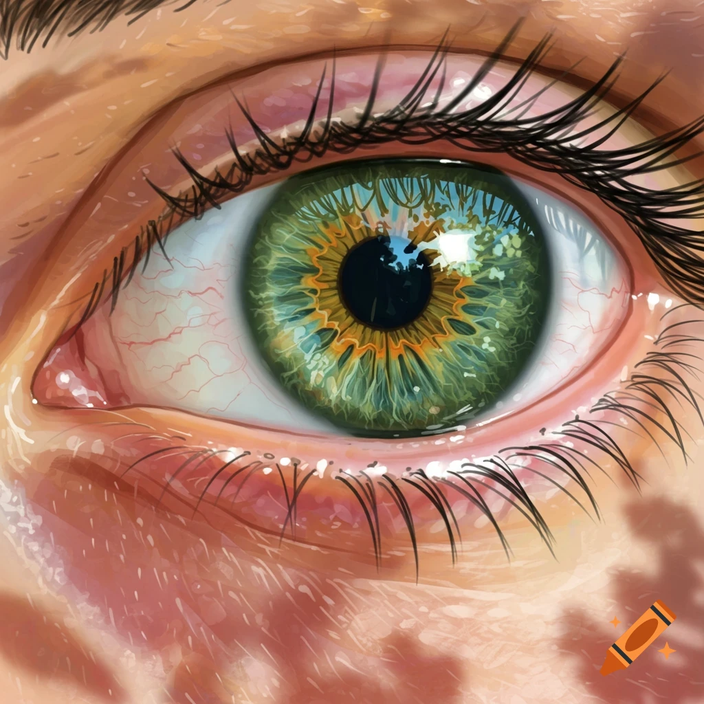Close-up artistic illustration of a human eye with a detailed green and gold iris, visible red veins, and long eyelashes.