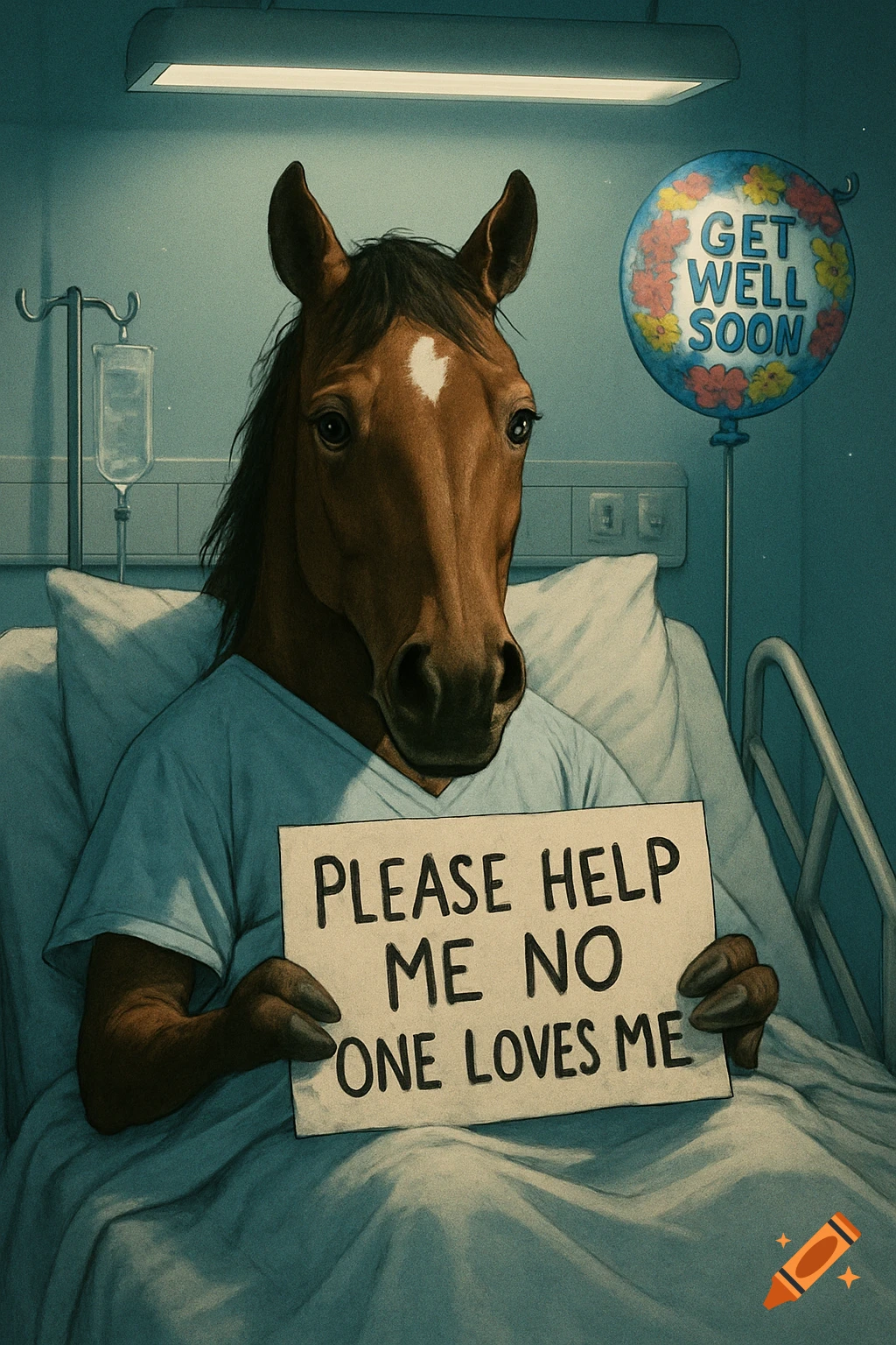 An anthropomorphic horse in a hospital bed holds a sign saying 'Please help me, no one loves me', with a 'Get Well Soon' balloon.