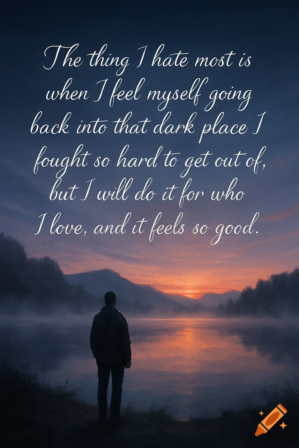 A person stands looking out at a misty lake surrounded by mountains at sunset, with a white inspirational quote overlaid.