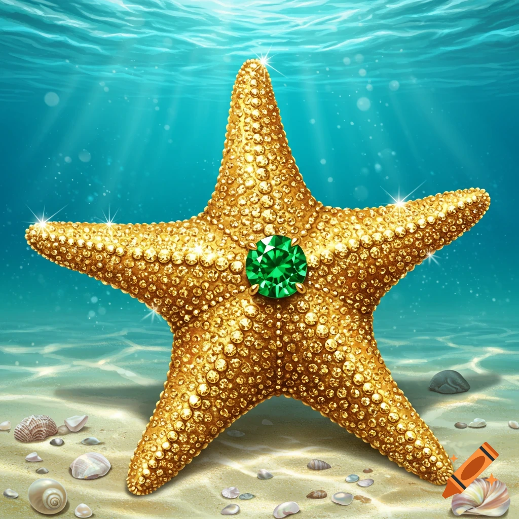 A golden, diamond-encrusted starfish with a large green gem in its center sits on a sandy ocean floor among shells.