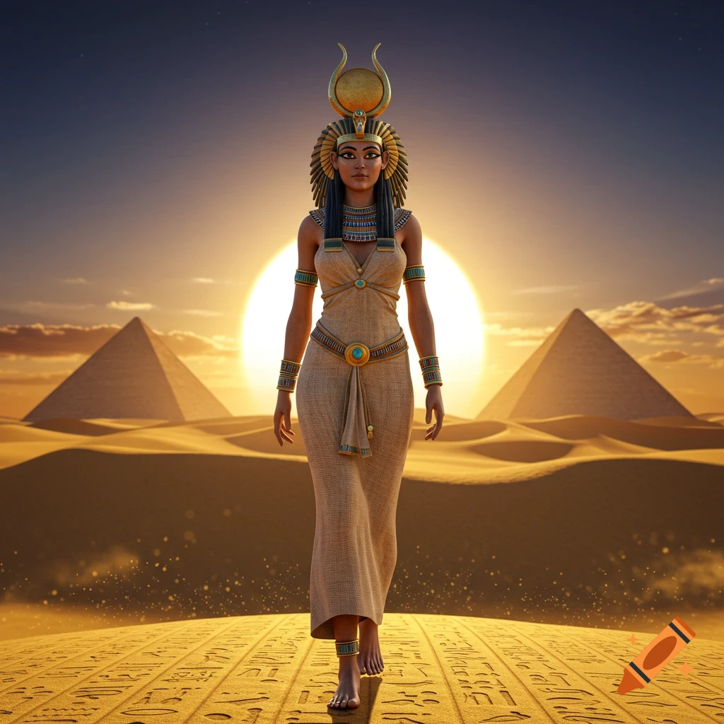 An Egyptian goddess in traditional attire walks on a hieroglyphic path in a desert at sunset, with pyramids in the background.