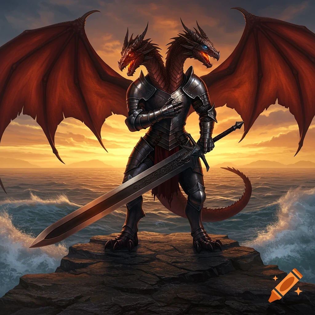 A two-headed dragon knight in full plate armor, holding a greatsword, stands on a rocky cliff overlooking a turbulent sea at sunset. Large red wings spread behind the figure.
