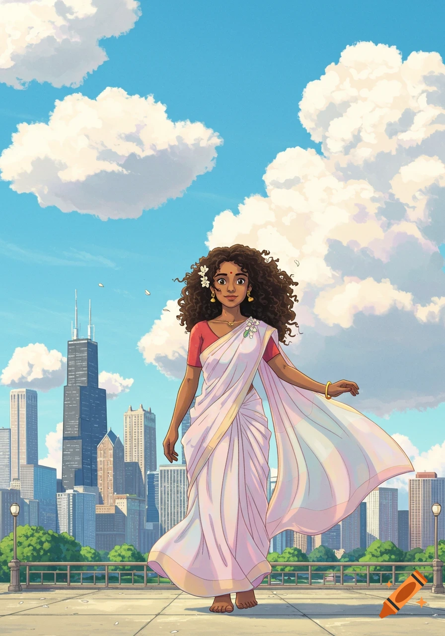 Ghibli illustration of a brown woman in a white saree walking on a walkway with the Chicago skyline and clouds.