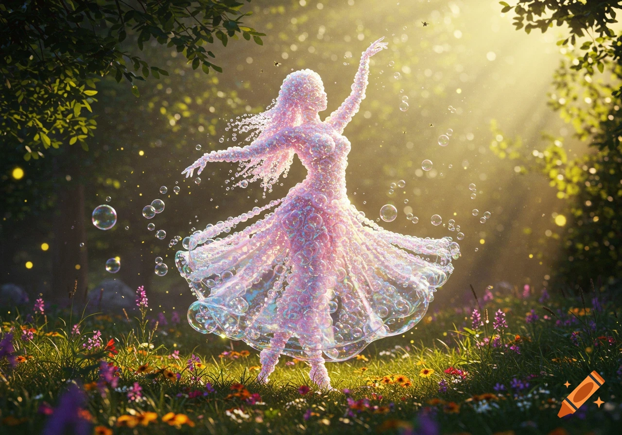 A shimmering figure made of pink and clear bubbles dances in a sunlit forest clearing with scattered flowers and floating bubbles.