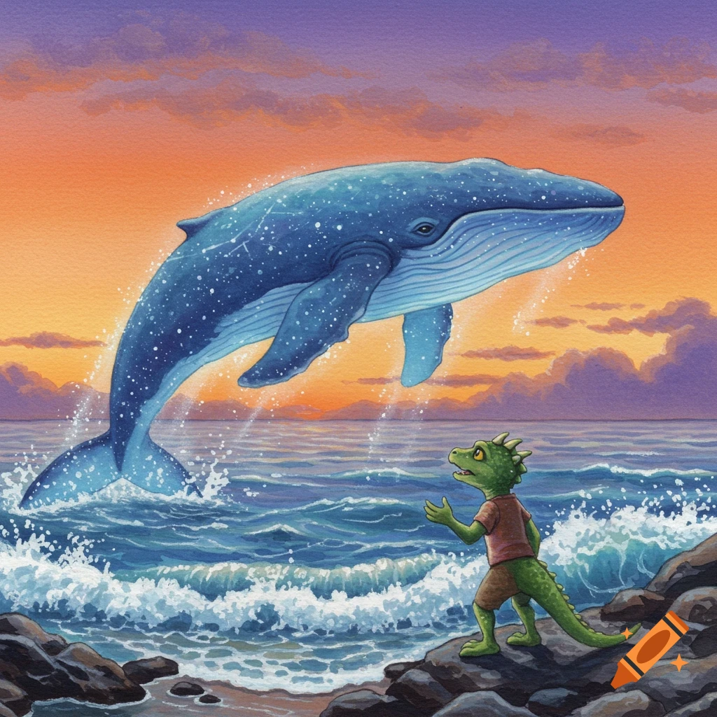 A green kobold watches a blue whale breaching from the ocean against a sunset sky, in a vibrant painted style.