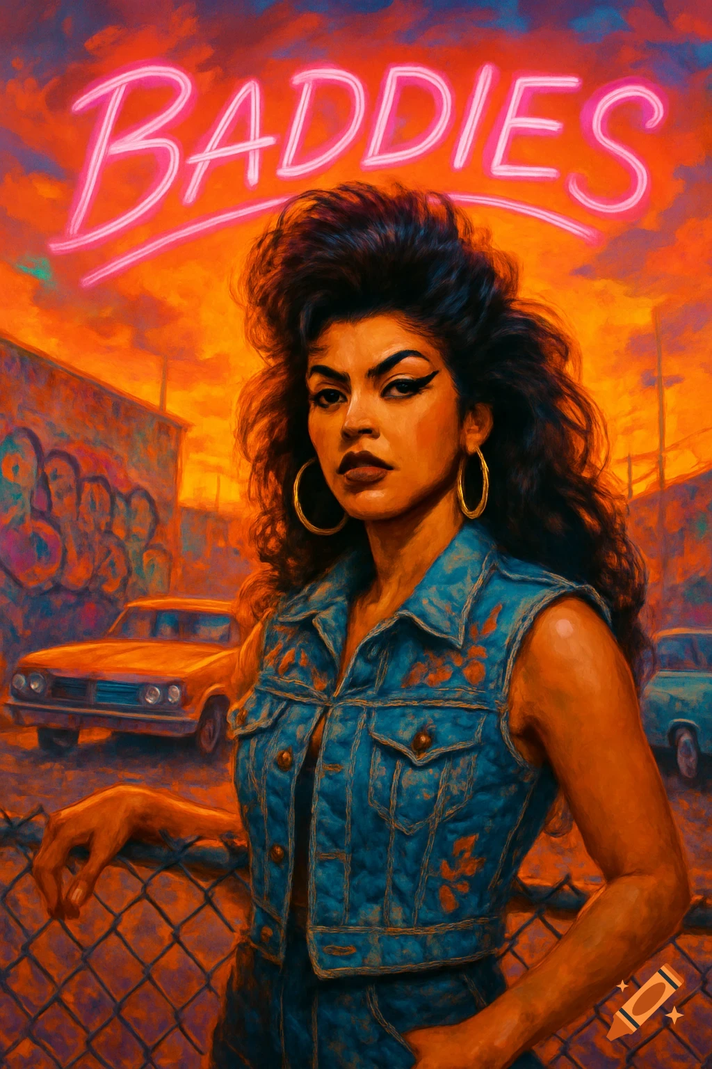 Stylized portrait of a woman with big hair and a denim vest in an urban setting with cars and graffiti, under an orange sky, with 'BADDIES' in neon.