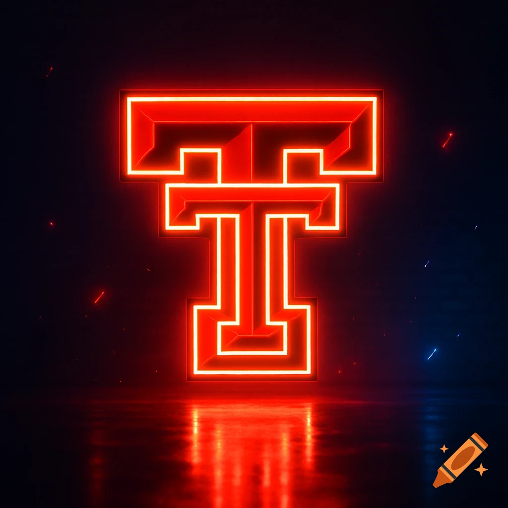 A glowing red neon double T logo reflected on a dark surface with scattered light particles.