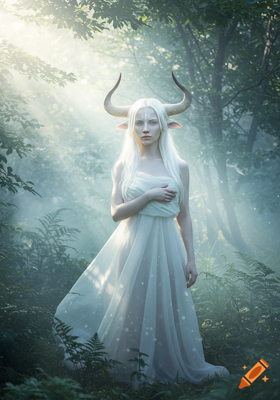 A serene albino minotaur girl with long white hair and large horns stands in a misty forest, illuminated by sunbeams.