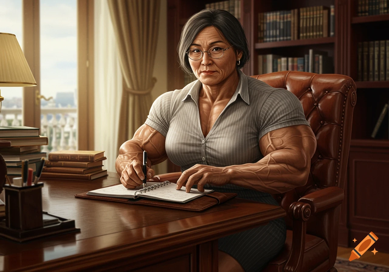 Photorealistic image of a muscular Asian woman with wrinkles, wearing glasses and a striped shirt, sitting at a wooden desk with a pen and notebook in an office.