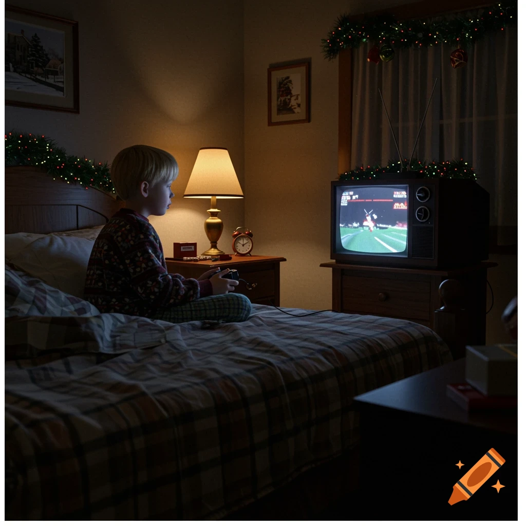 A young boy sits on a bed in a dimly lit, Christmas-decorated room, playing a video game on an old CRT television.