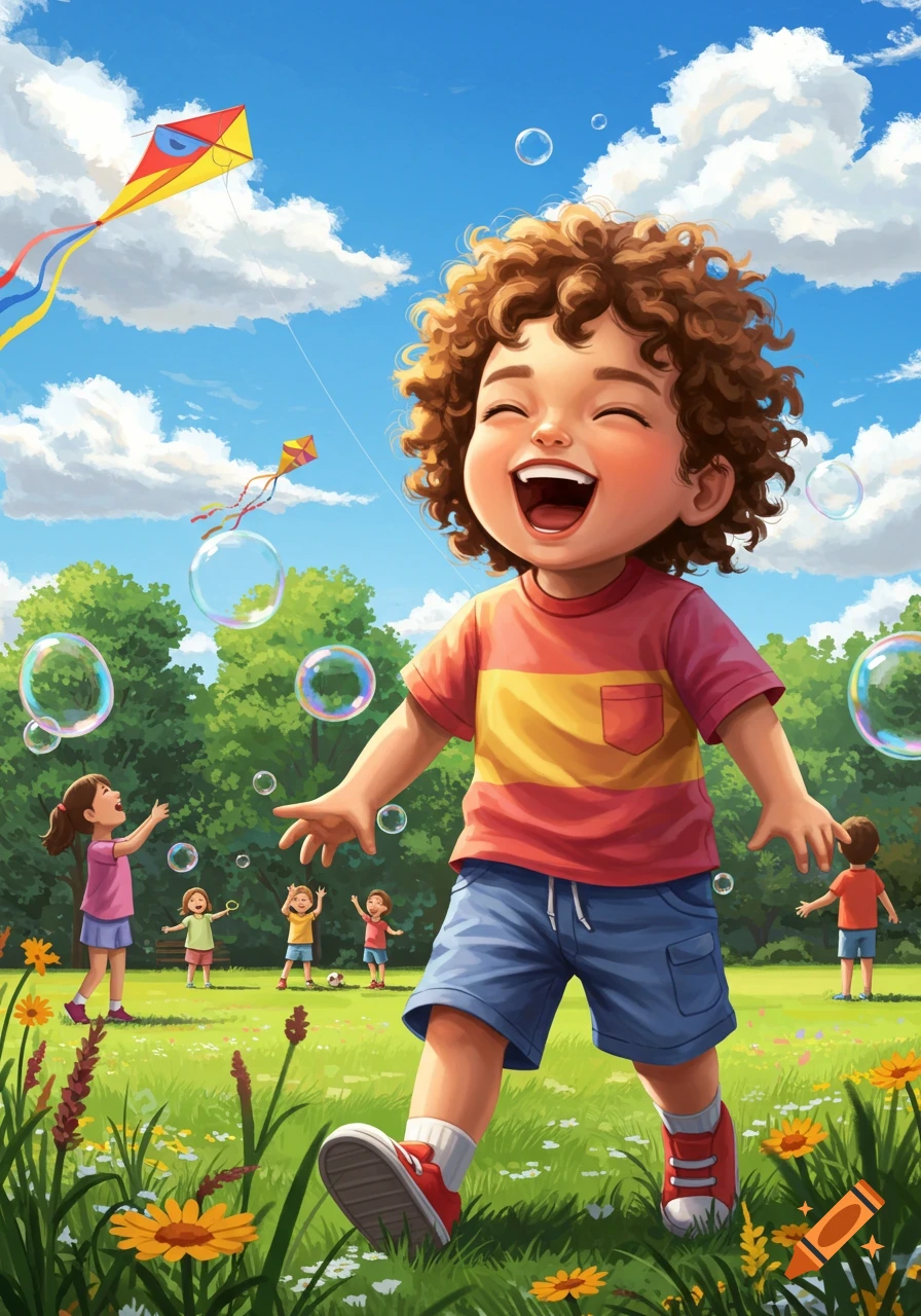 A happy child with curly hair playing with bubbles in a park with other children and kites flying under a blue sky.