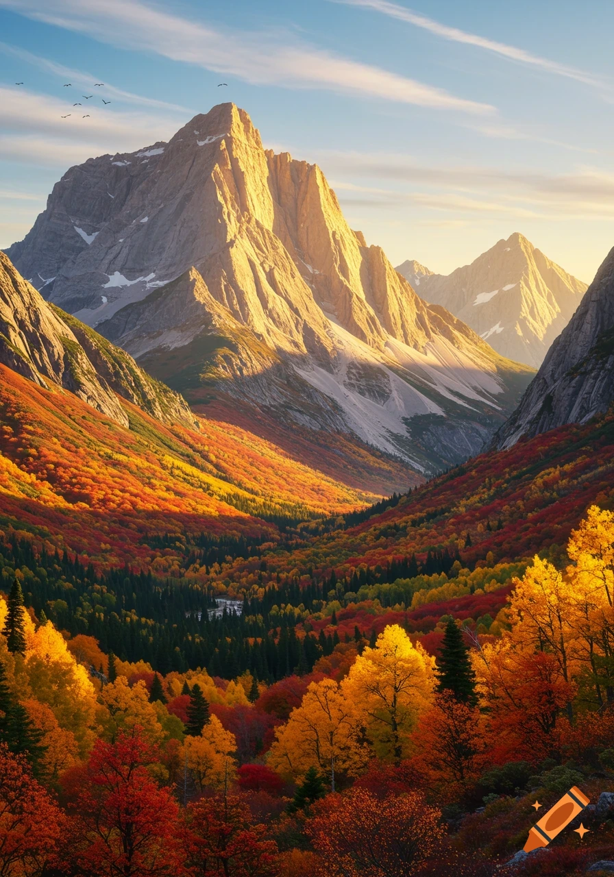 Photorealistic image of a vibrant autumn mountain valley with colorful trees under a clear sky.
