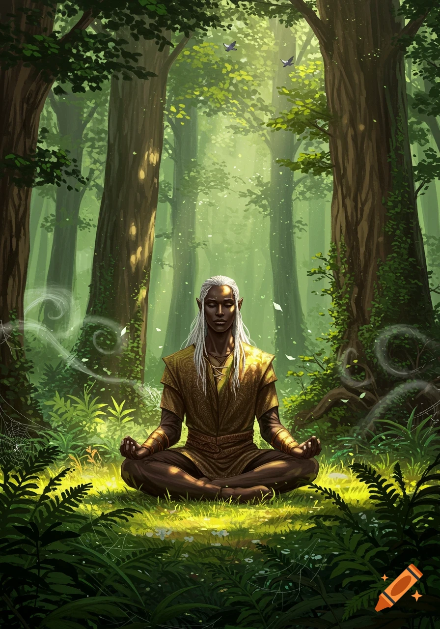 A dark-skinned elf with long white hair meditates cross-legged in a sun-dappled, vibrant green forest.