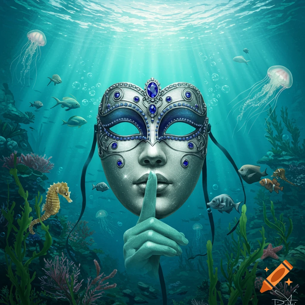 A mystical silver and blue Venetian-style mask with a hand holding a finger to its lips, set in a vibrant underwater scene with marine life and sunlight.