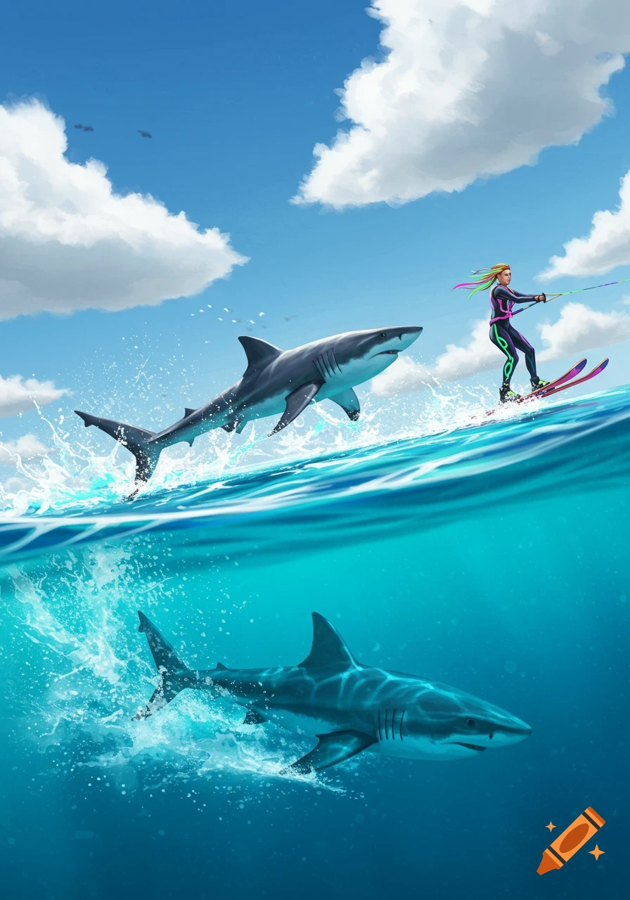 Illustrative image of a person water skiing behind two sharks in the ocean, one above water, one below.