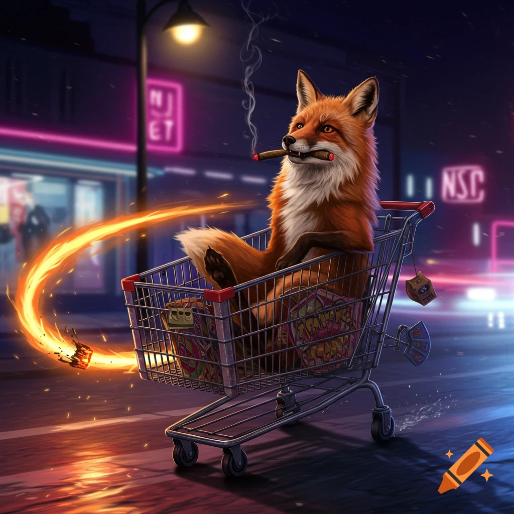 A fox smoking a cigar rides a shopping cart through a neon-lit city street at night, leaving a fiery trail.
