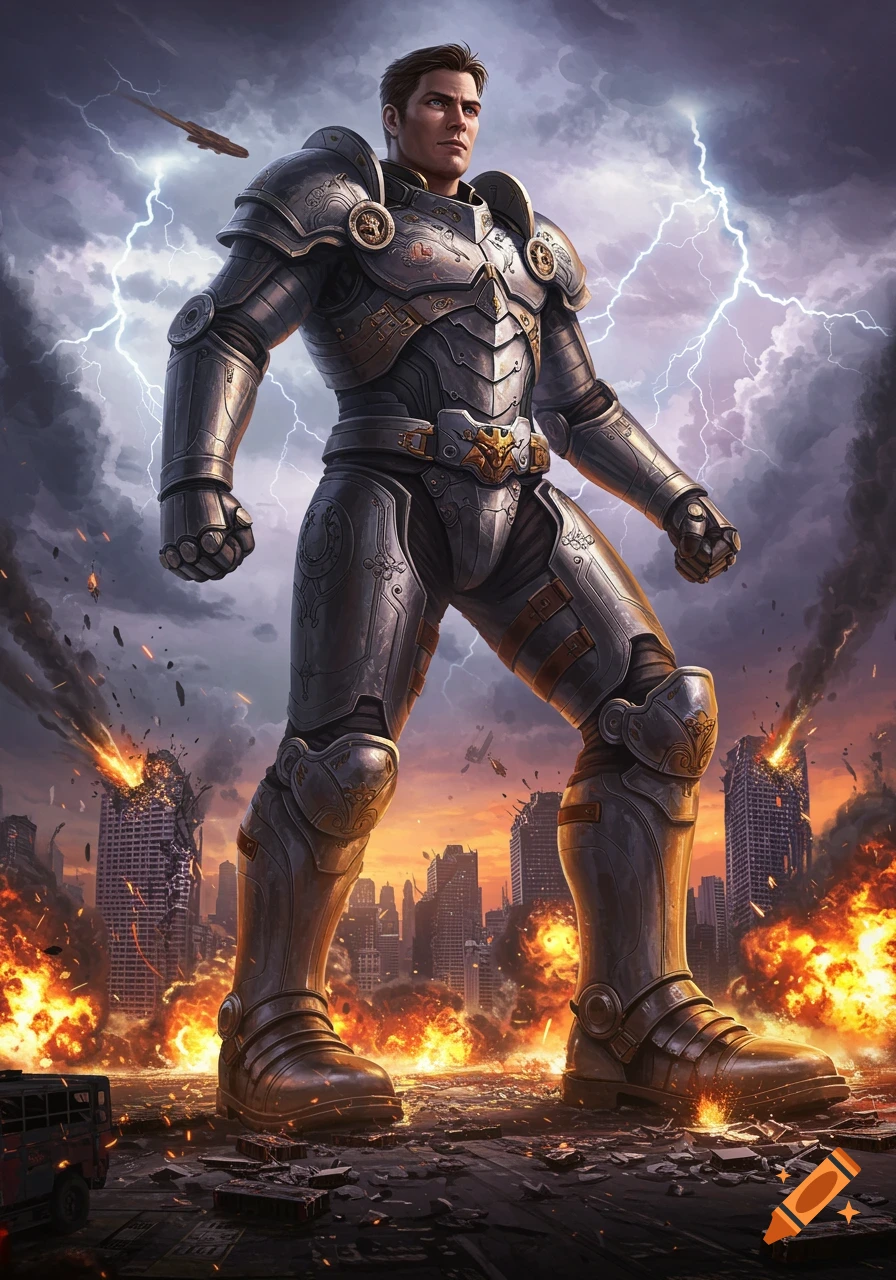 A giant soldier in silver armor stands over a burning, ruined city under a lightning storm.