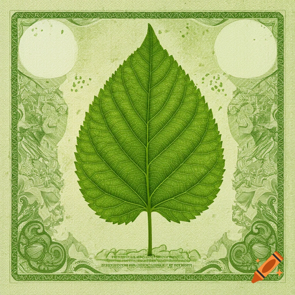 A detailed green leaf with prominent veins centered on a pale green banknote with intricate patterns.