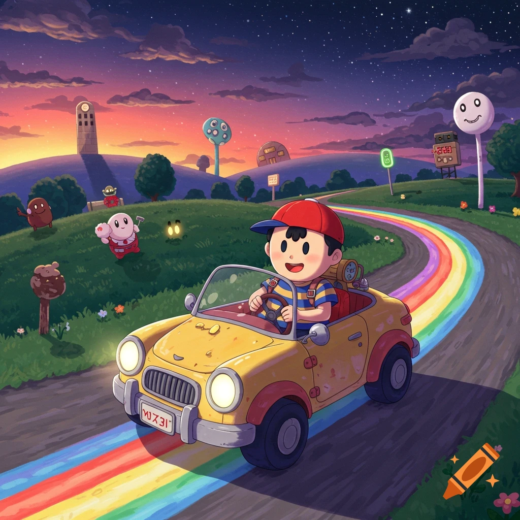 A stylized cartoon boy in a yellow convertible drives down a rainbow road at sunset, with whimsical characters and buildings in the background.