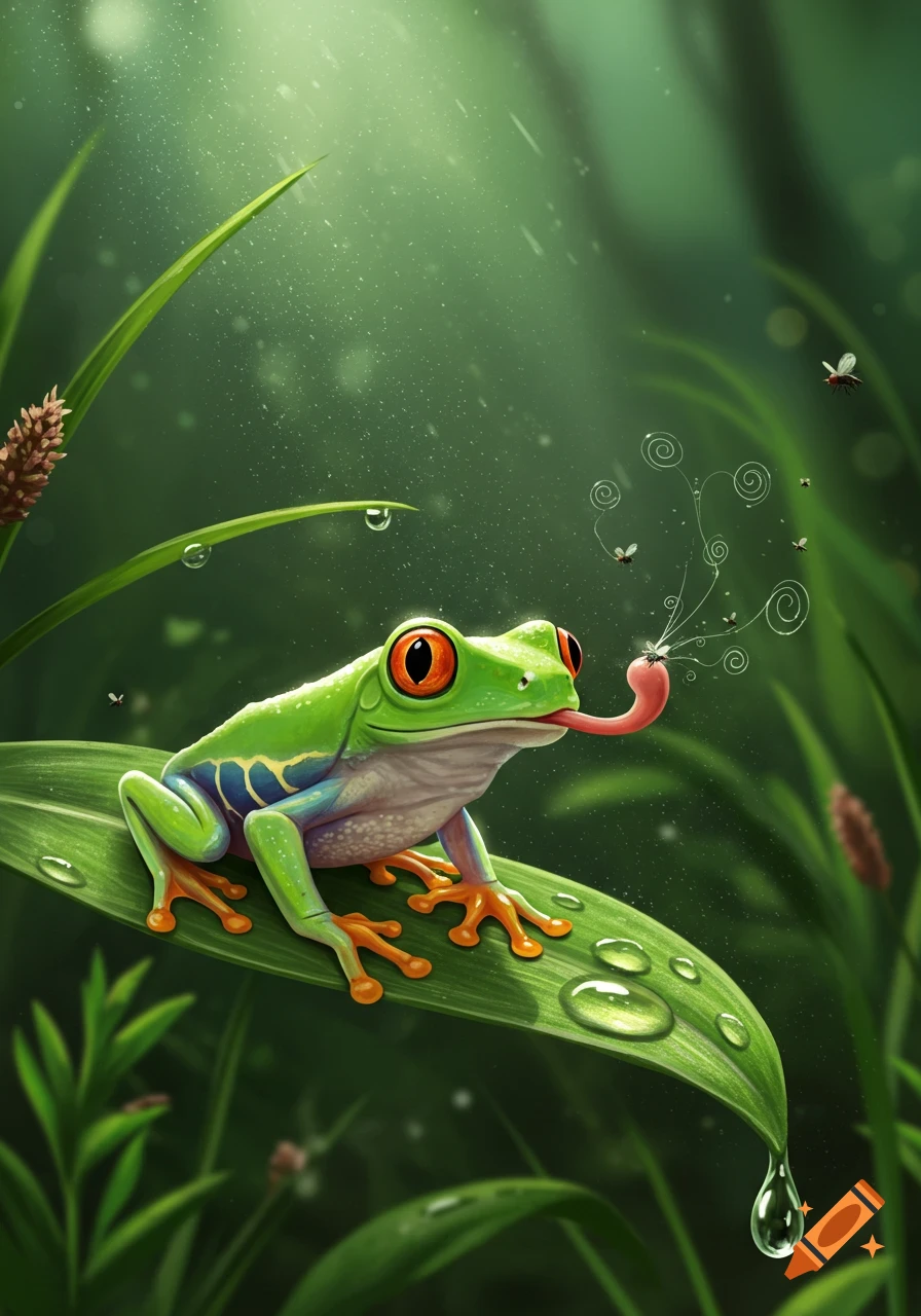 Vibrant illustration of a green red-eyed tree frog on a leaf, catching tiny flies with its tongue in a lush, dewy forest.