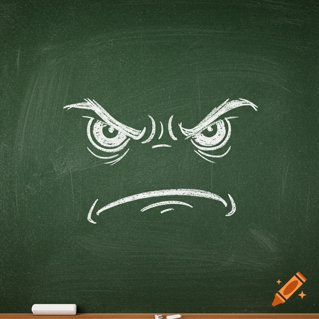 Angry face drawn with white chalk on a green chalkboard, with a piece of chalk on the wooden ledge below.