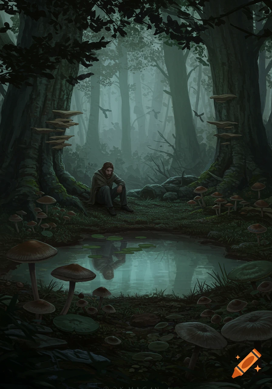 A digital painting of a man sitting pensively by a dark pond surrounded by mushrooms in an eerie, misty forest.