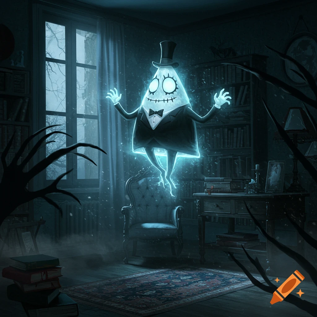 A glowing, triangular ghost in a top hat and suit floats in a dark, dusty haunted library with clawed branches in the foreground.