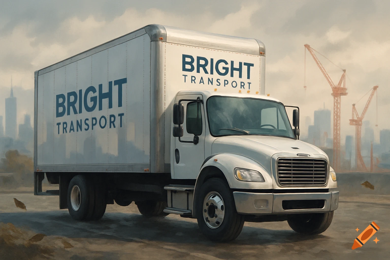 A white box truck with "Bright Transport" written on its side, parked on a dirt lot with a city skyline and cranes in the hazy background.