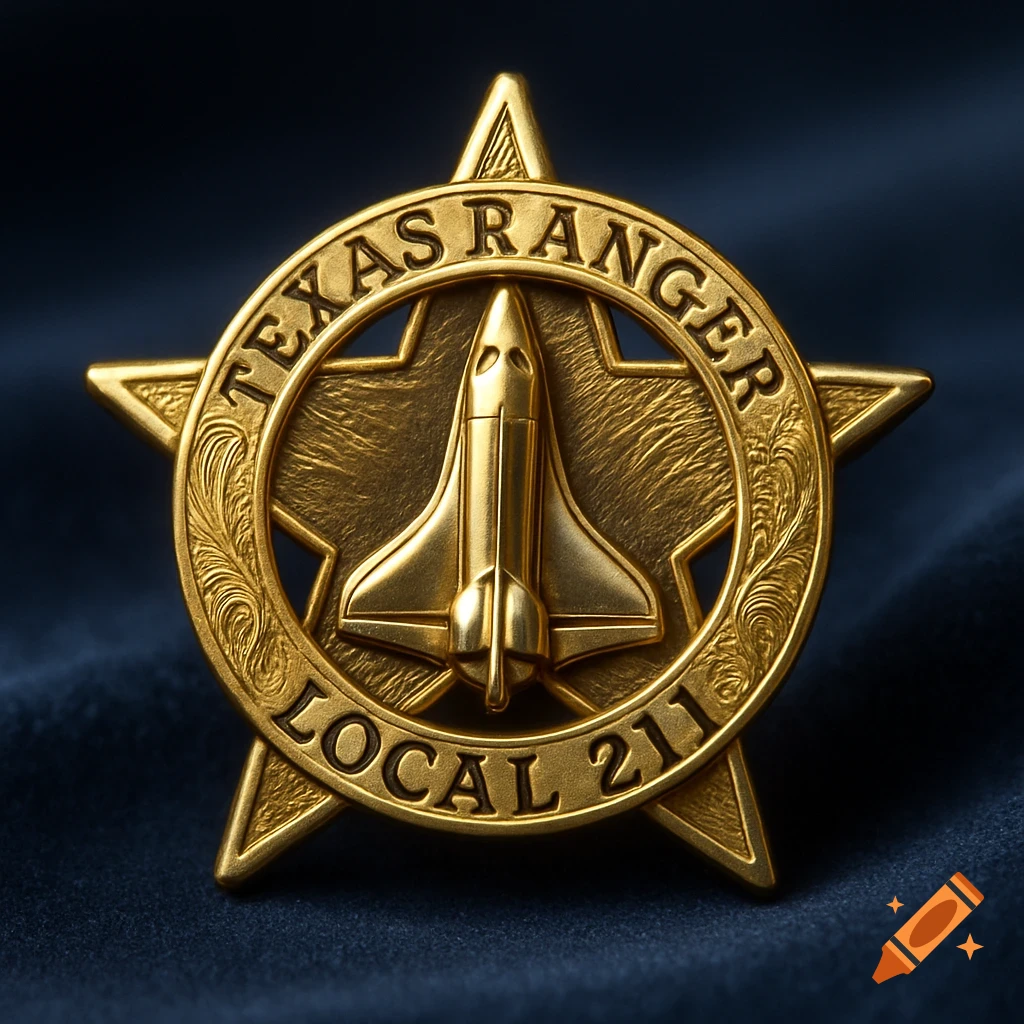 A shiny gold Texas Ranger star badge with a space shuttle embossed in the center, encircled by 'TEXAS RANGER' and 'LOCAL 211'.