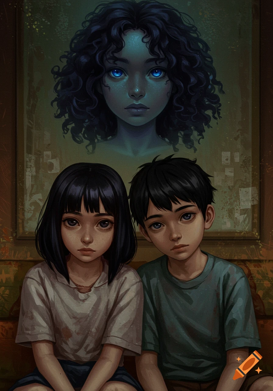 A stylized illustration of a solemn boy and girl sitting, with a ghostly figure with bright blue eyes in a frame above them.