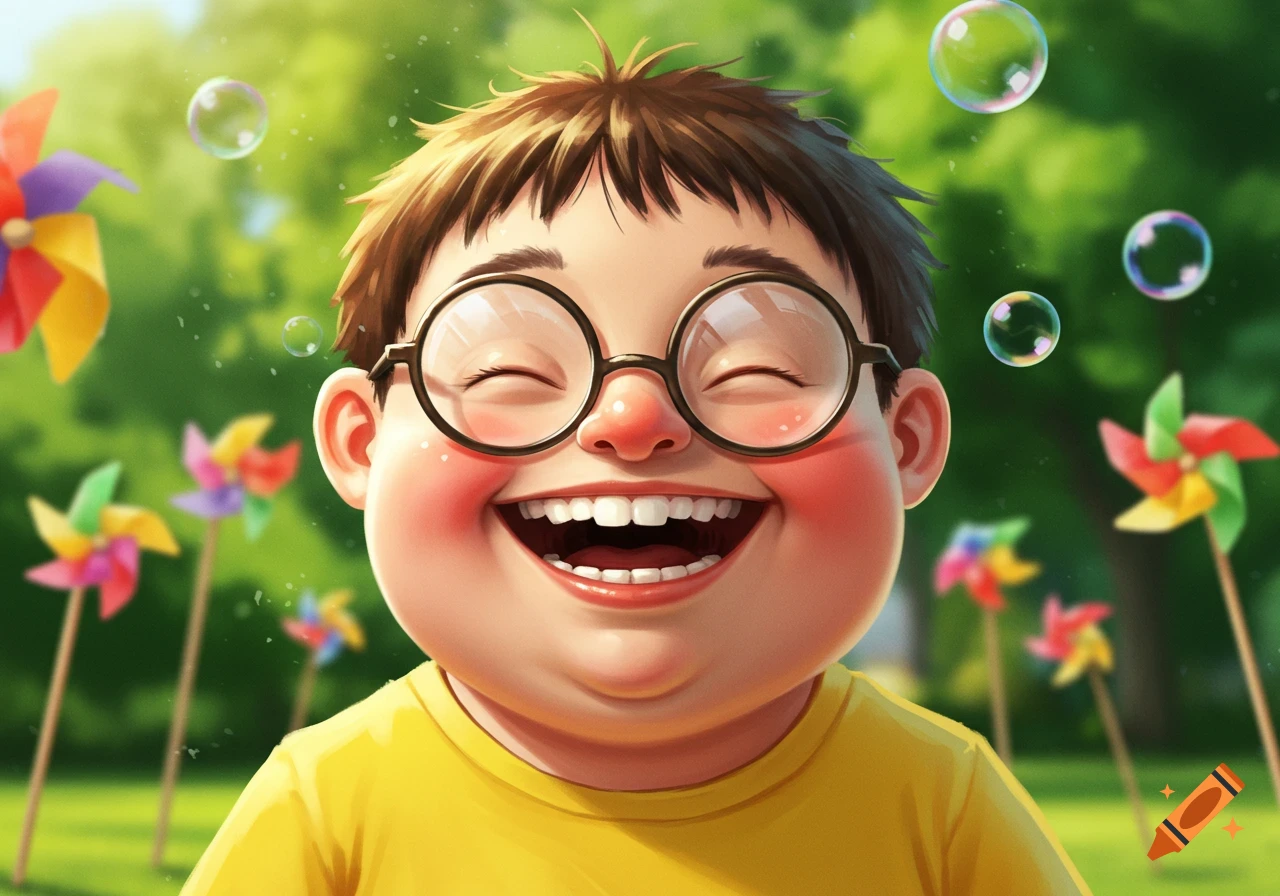 A close-up cartoon illustration of a happy, chubby boy with round glasses, smiling wide outdoors with pinwheels and bubbles.