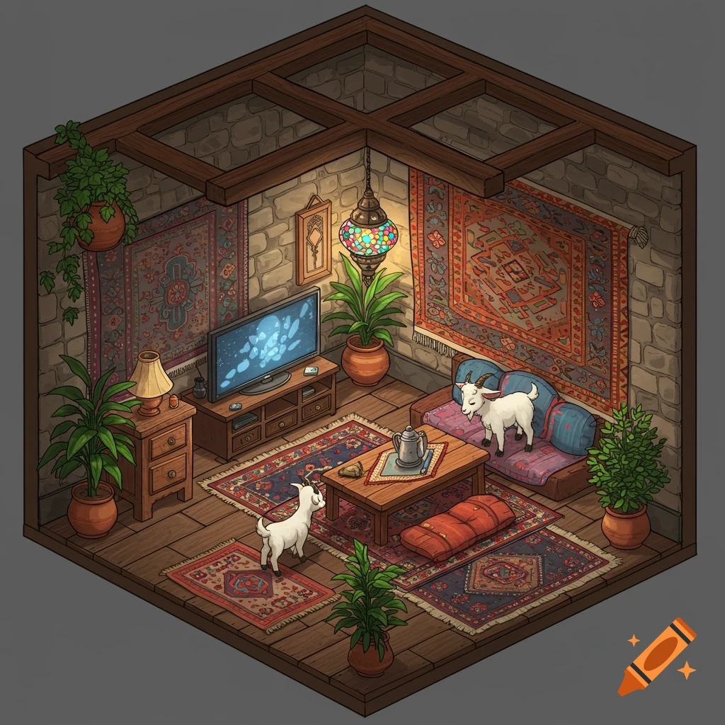 Pixel art depiction of an ancient Roman domus interior with furniture and a  small person. on Craiyon, image size:1024x1024