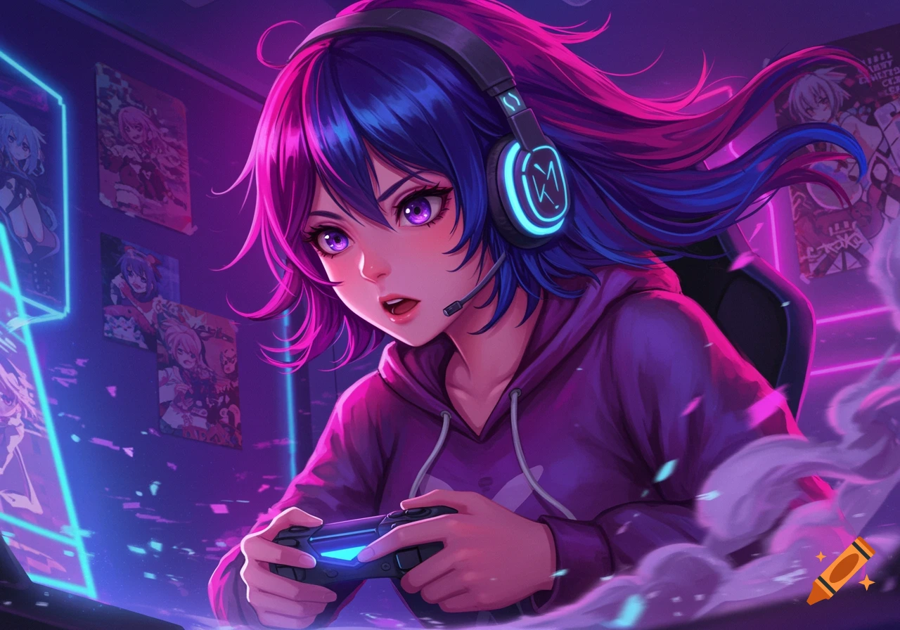 An anime girl with purple and blue hair wearing a purple hoodie and headphones, playing a video game in a neon-lit room.