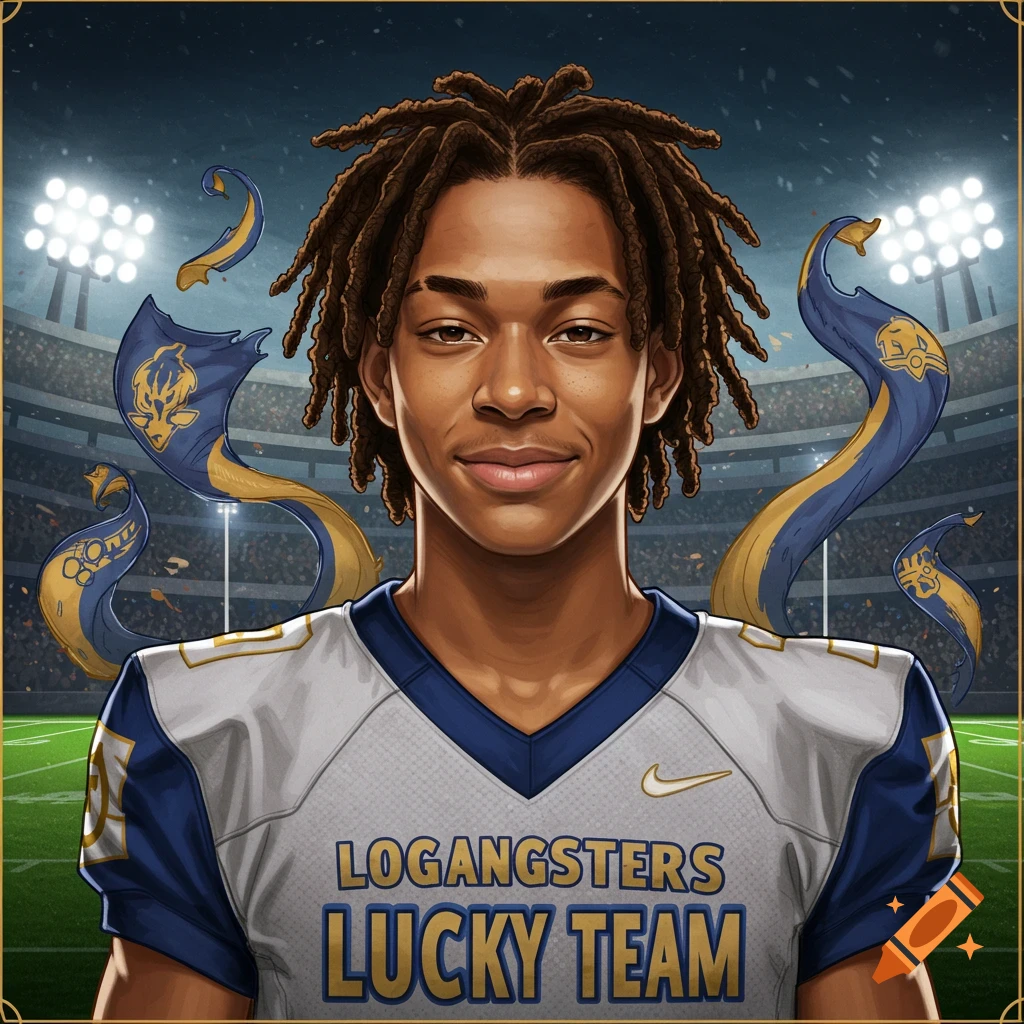 A male teen with dreadlocks in a football jersey with 'LOGANGSTERS LUCKY TEAM' on it, in a fantasy football art style.