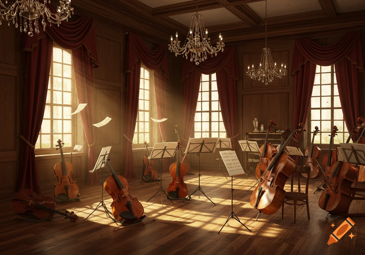 A grand room filled with various string instruments, including violins, violas, cellos, and basses, with sheet music floating in sunbeams from tall windows.