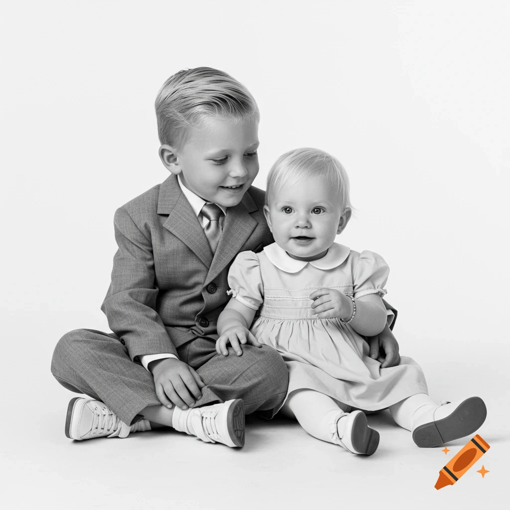 A black and white 1950s studio portrait of a boy in a suit with his arm around a baby girl in a dress, sitting on a white floor.
