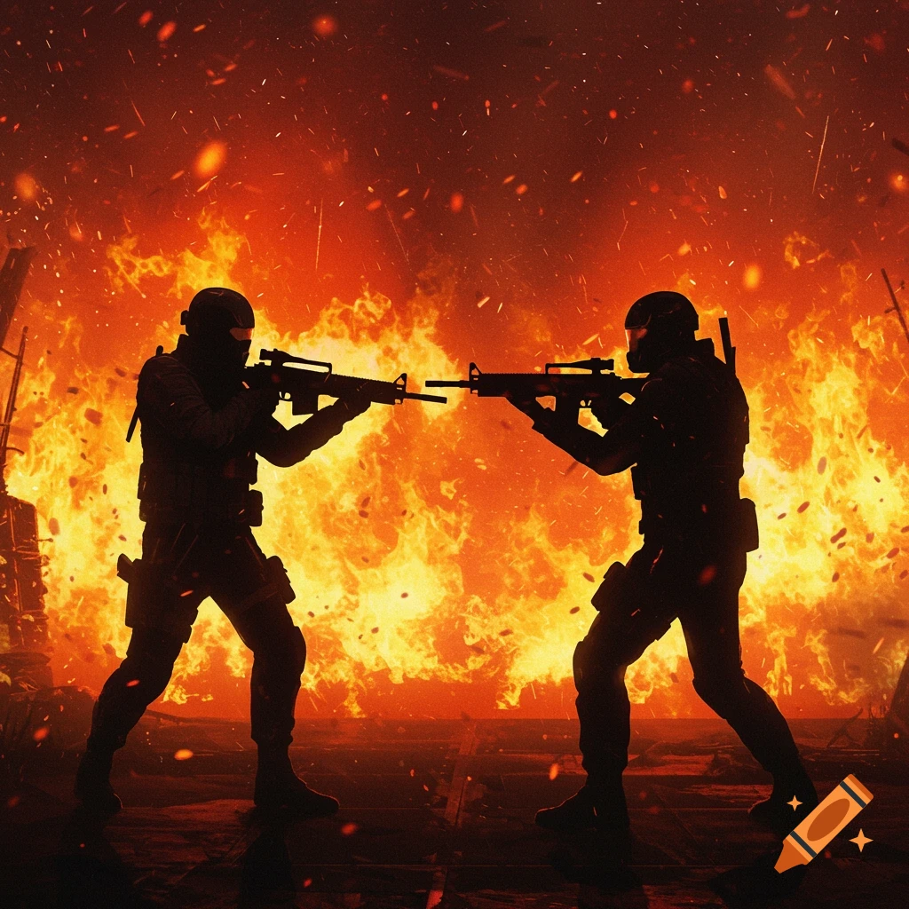 Two silhouetted soldiers aim rifles at each other amidst a fiery explosion with sparks flying in a warzone.