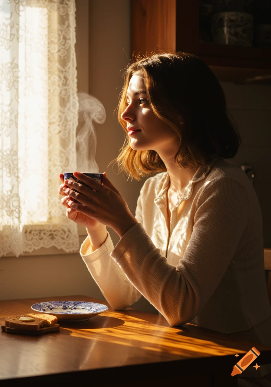 Young woman sips a steaming drink by a sunlit window, a slice of toast nearby, in a warm, cozy morning scene.