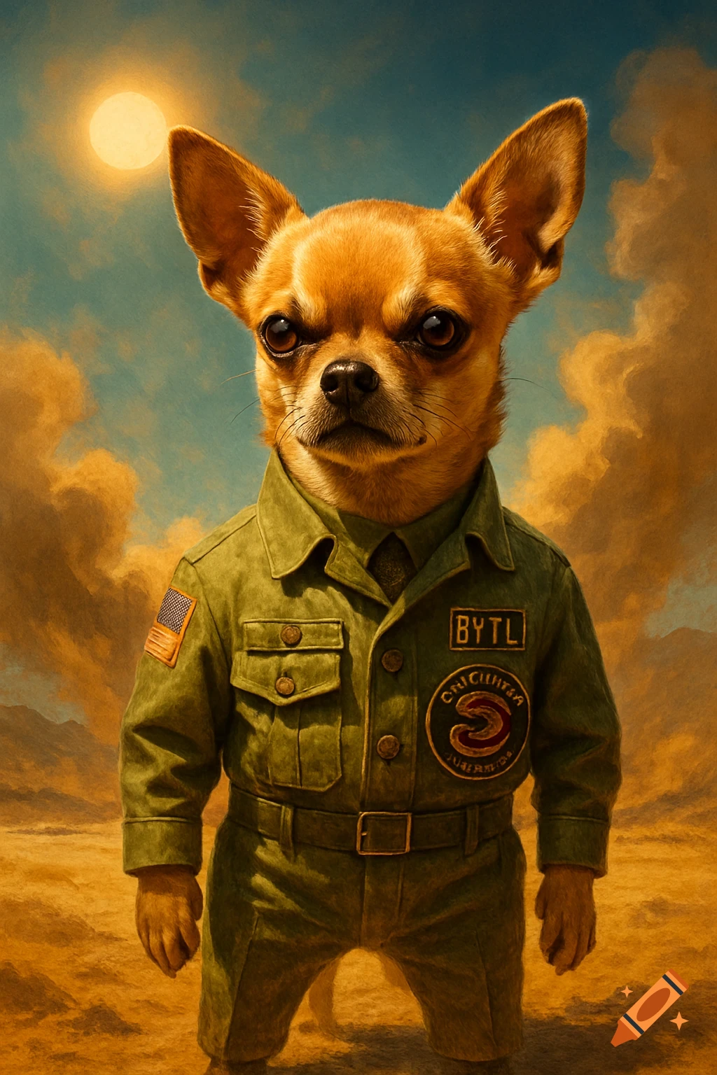 A serious chihuahua dog dressed in a military uniform stands under a bright sun in a dusty, orange desert landscape.