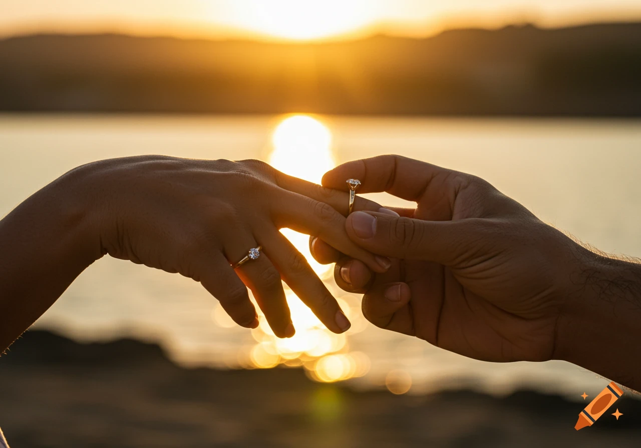 Close-up of a person's hand placing a diamond engagement ring on another's finger against a sunset background.