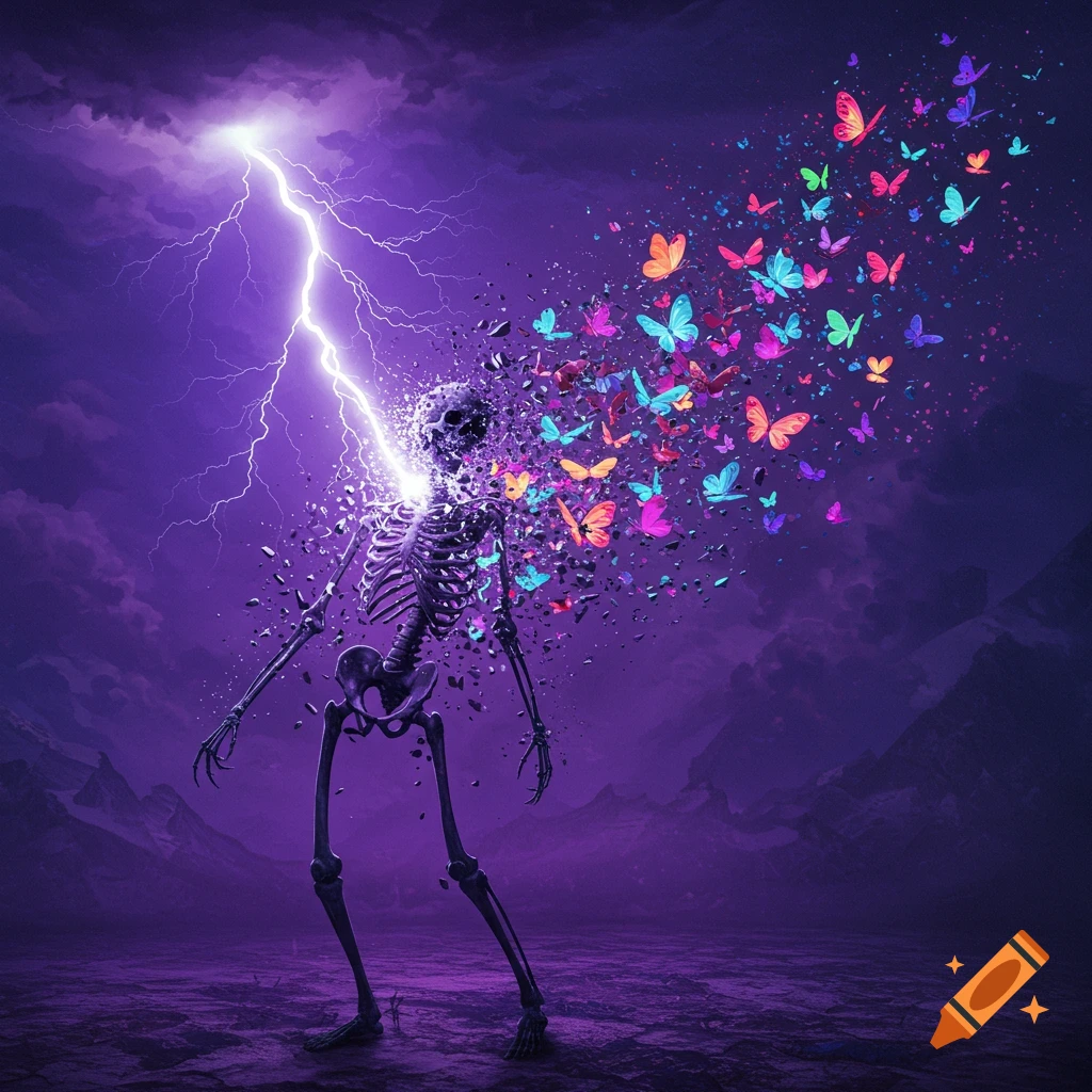 A skeleton is struck by a bright lightning bolt, disintegrating into a colorful swarm of neon butterflies against a purple sky and mountains.