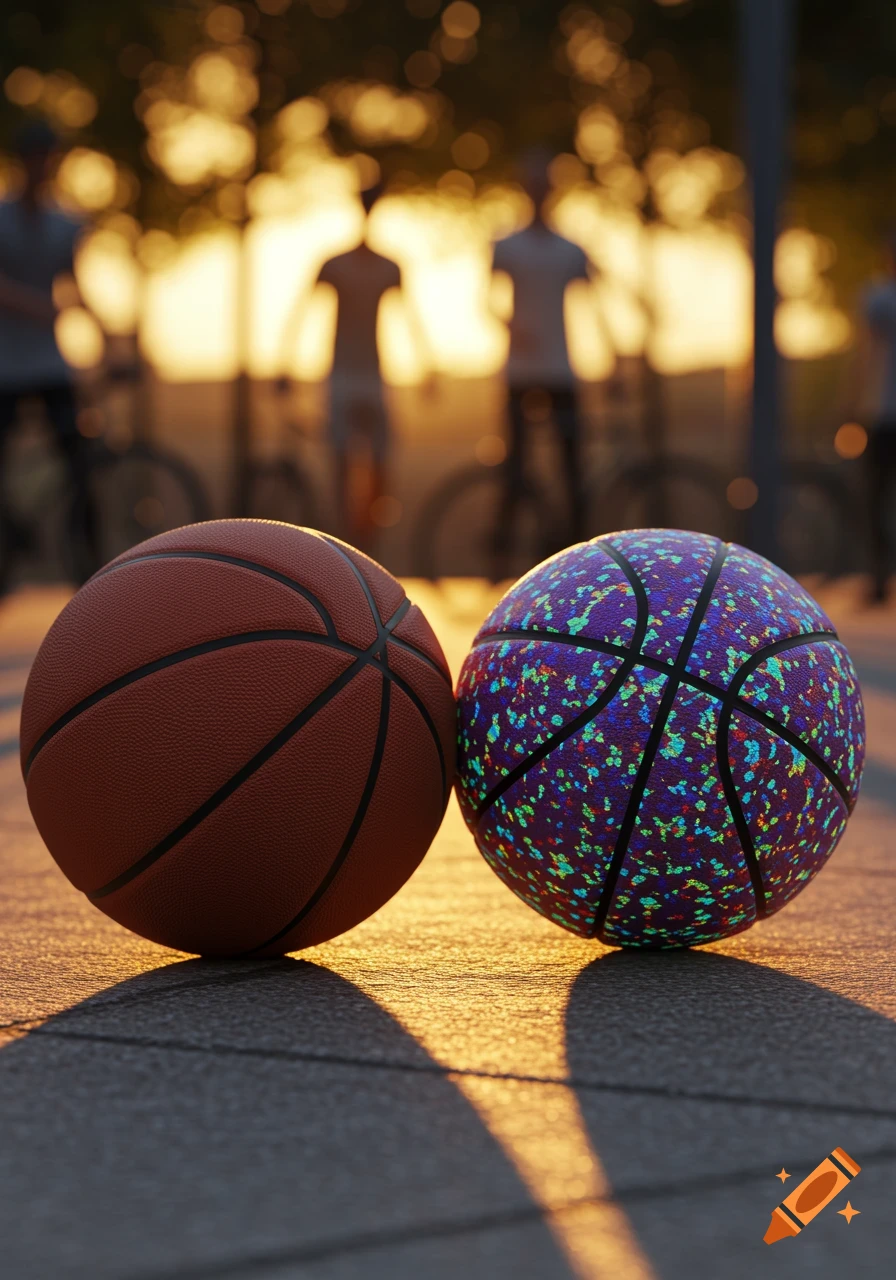 Two basketballs on a court at sunset: one traditional orange, one purple with colorful speckles. Blurred figures in the background.