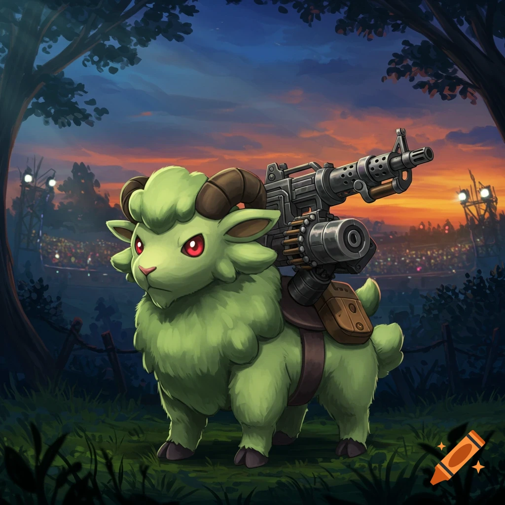 A cartoonish green sheep-like creature with red eyes and horns stands in a grassy field at dusk, with a machine gun on its back.