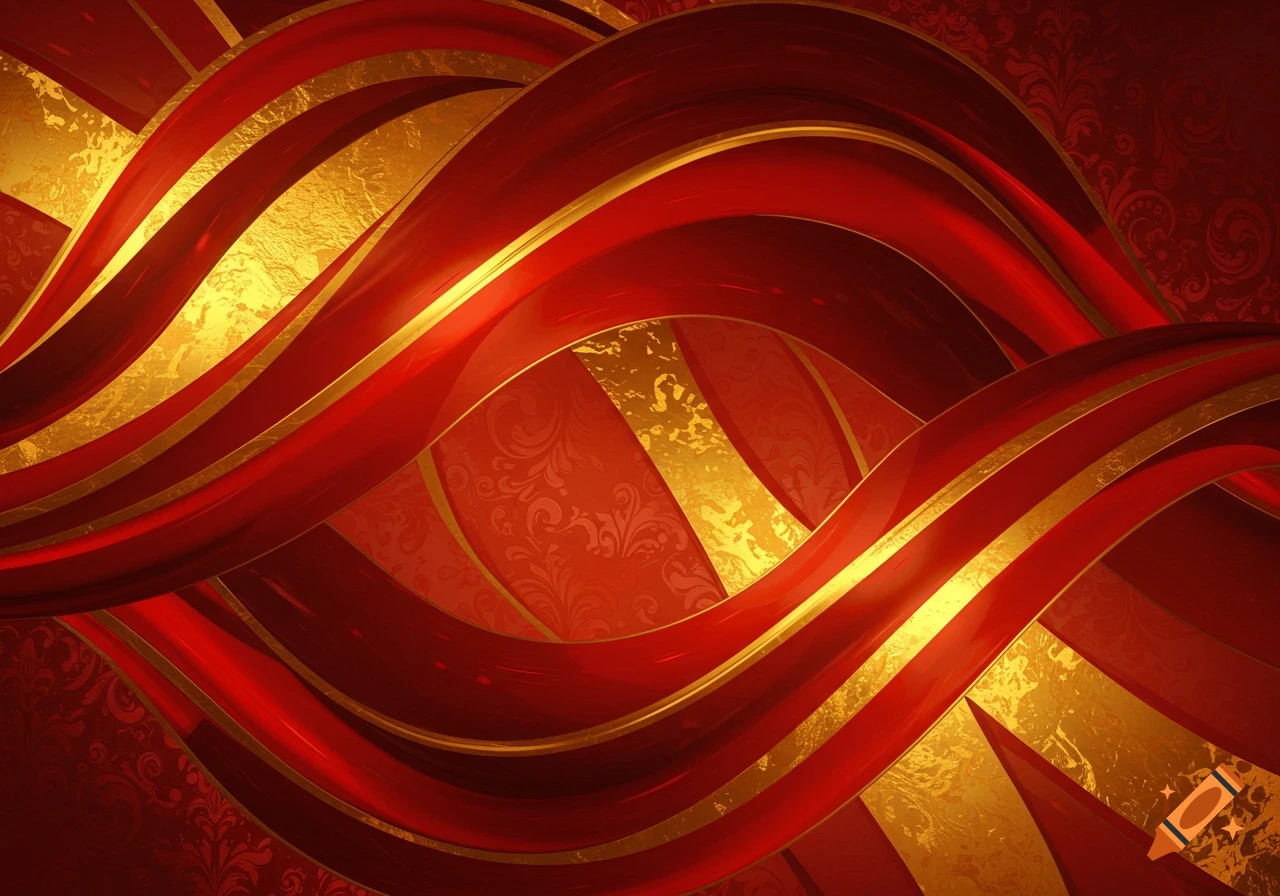 Abstract background with flowing red ribbons interwoven with textured gold strips, over a deep red patterned surface.
