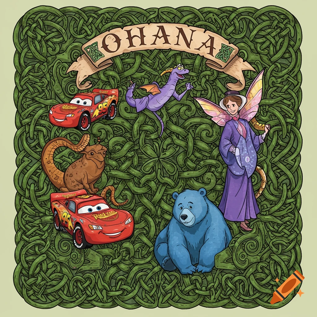 A stylized Celtic knot pattern illustration featuring Lightning McQueen, a blue bear, Figment, and Mary Poppins, with "OHANA" on a banner.