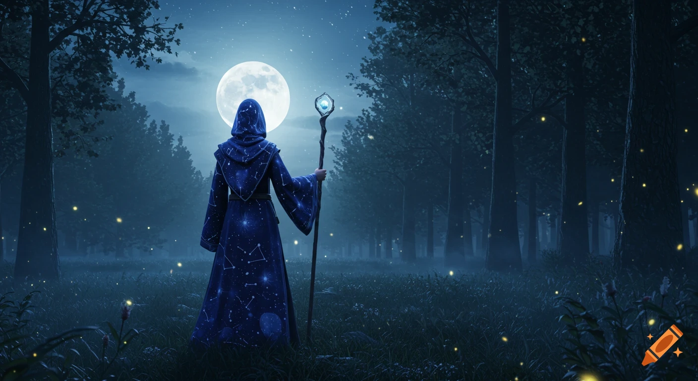 A lone wizard in a starry robe stands in a dark forest at night, facing a large full moon and holding a glowing staff, with fireflies.