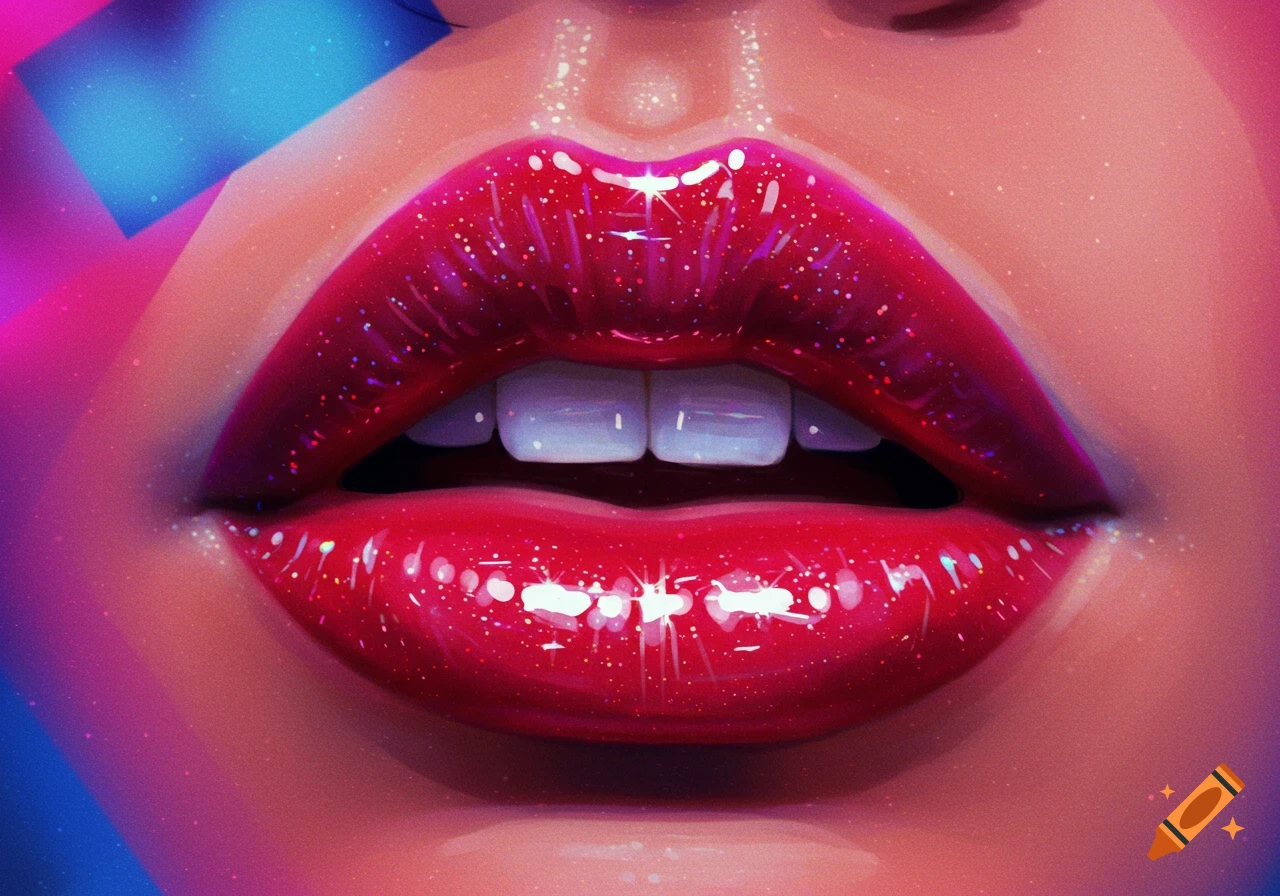 Close-up of vibrant red, glittery lips with a glossy finish, revealing white teeth, in a stylized art style.